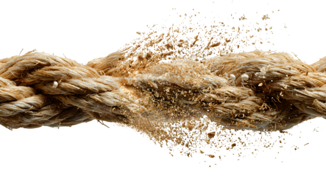 Torn rope strands breaking apart mid-air with dramatic detail