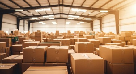 Fototapeta premium Interior of a large, brightly lit warehouse filled with rows of stacked cardboard boxes, representing logistics and humanitarian aid distribution.