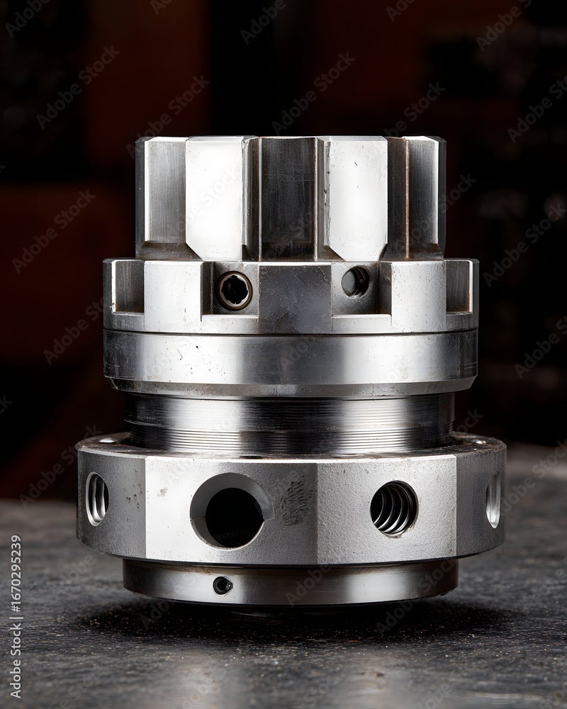 Aufkleber close-up of a shiny metallic mechanical component on a workshop table with blurred tools in the back