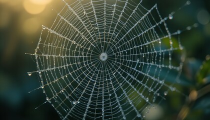 Fototapeta premium Glistening Spiderweb, Adorned with Dew, Against a Soft Green Background in Nature