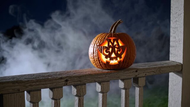 A Jack O' Lantern Glows on a Porch Railing Under a Smoky Night Sky, Creating a Spooky Halloween Atmosphere With Eerie Shadows