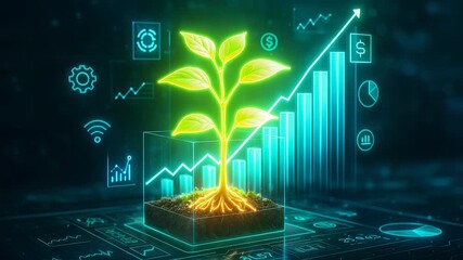 Digital growth of plant with financial graphs and tech symbols representing sustainable development and investment growth. - Powered by Adobe