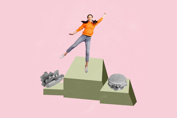 Poster graphics collage of person stand on first place podium with junk food products over pink...