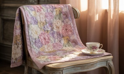 Floral quilt draped over light wooden chair, teacup on saucer