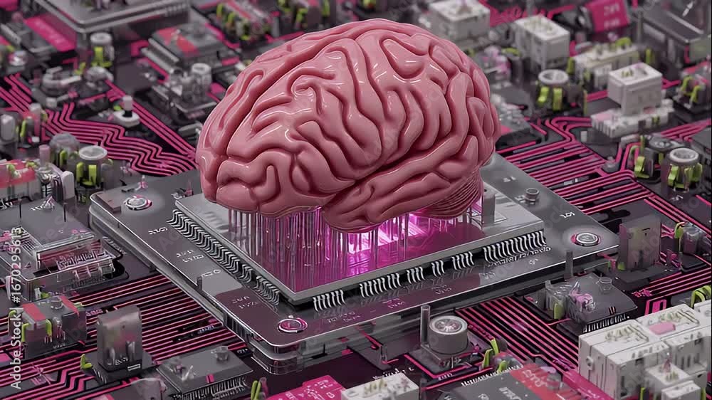 Poster digital brain model on circuit board fusion of technology and innovation in vibrant colors and intri