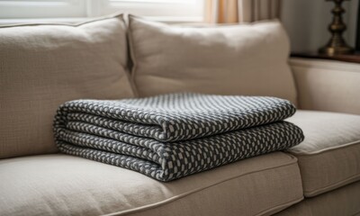 Folded blanket on beige couch