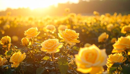 A field of yellow roses glowing under golden hour light, soft breeze shaping natural waves across the blossoms.