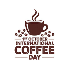 International Coffee Day logo with steaming coffee cup and beans graphic illustration