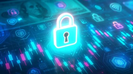 Digital lock and financial data security interface with money, encryption, and blockchain technology for secure transactions. - Powered by Adobe