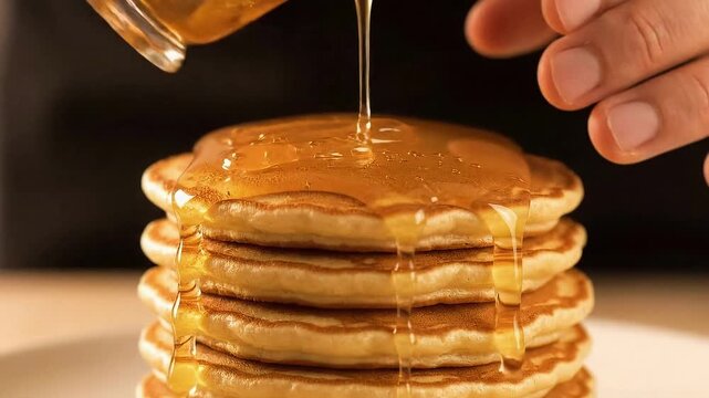 Chef's hands artfully drizzling golden honey over fluffy pancakes in slow motion with warm appetizing kitchen lighting