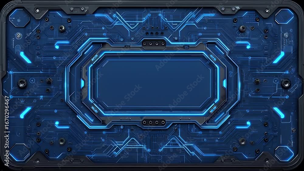 Poster futuristic circuit board design with blue accents and empty center for customization in technology p