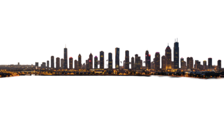 Modern city skyline with illuminated skyscrapers forming a vibrant urban tapestry reflected in calm water at golden hour into dusk, clear sky, panoramic drone shot, concept of global business