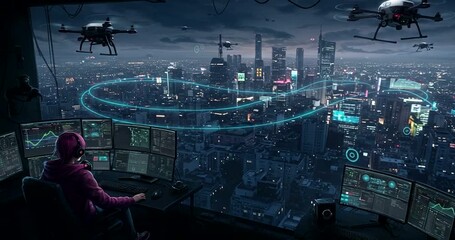 Futuristic cityscape with drones and data analysis - Powered by Adobe