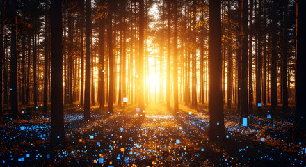 Sunlight shining through dense forest trees illuminating magical atmosphere golden rays woodland enchanted nature landscape scene
