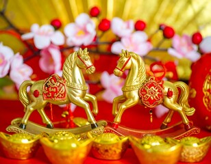 Golden rocking horses amidst Chinese New Year decorations