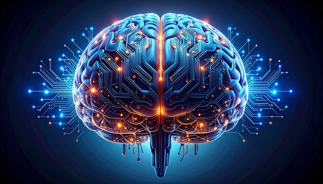 A stunning abstract representation of a human brain with integrated circuits and glowing lines, symbolizing artificial intelligence, data, and machine learning.