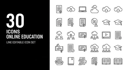 Set of 30 line icons representing online education concepts, isolated on white background