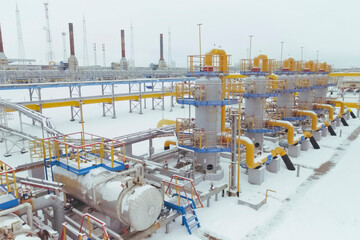 block of gas cleaning vessels at a gas treatment plant for the production of liquefied natural gas.