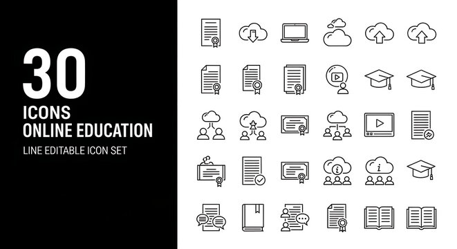 Set of 30 line icons representing online education concepts, isolated on white background
