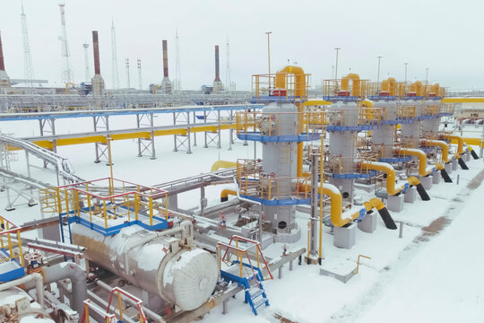 block of gas cleaning vessels at a gas treatment plant for the production of liquefied natural gas.