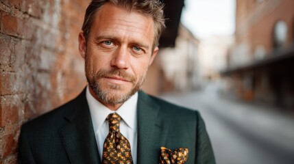 A confident man in a well-tailored suit stands against a rustic brick wall, exuding professionalism and charm in a sophisticated urban setting.