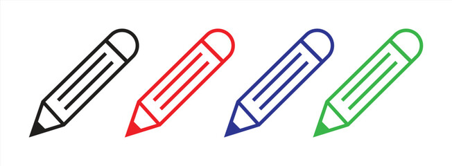 Pencil Icon Set – Colorful Outline Design in Black, Red, Blue, and Green for Writing, Drawing, Education, and Creative Tools