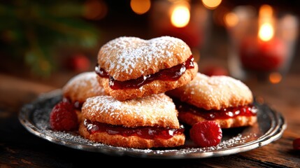 A beautifully arranged plate of heart-shaped cookies dusted with powdered sugar and filled with jam, perfect for evoking warmth and joy during festive occasions.