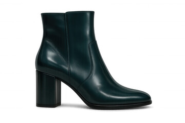 Fototapeta premium Stylish green leather ankle boots with a block heel, perfect for fashion and footwear projects, isolated on a transparent background