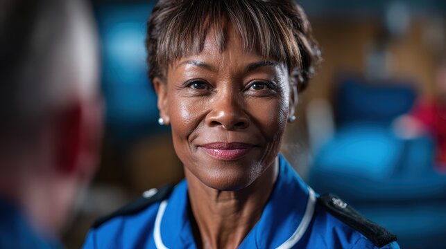 A confident woman in a blue uniform smiles warmly, showcasing her strength and professionalism as she stands ready to assist others in a compassionate setting.