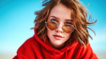 A youthful woman with tousled hair and stylish sunglasses is captured outdoors in bright sunlight, emanating a carefree vibe and vibrant personality.