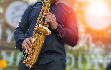 International jazz day and World Jazz festival. Saxophone, music instrument played by saxophonist player musician in fest.