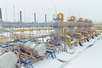 block of gas cleaning vessels at a gas treatment plant for the production of liquefied natural gas.