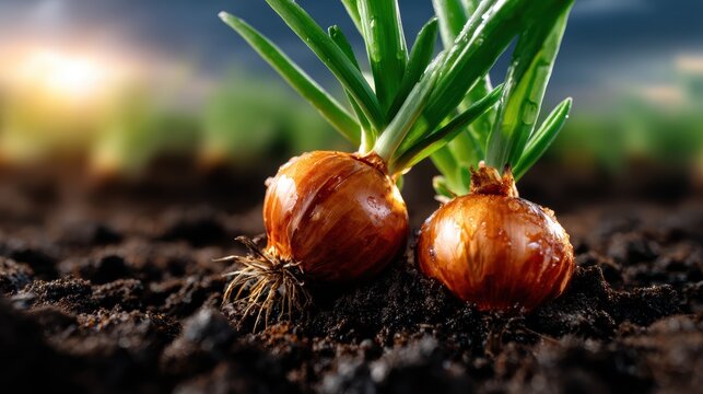 Two freshly harvested onions with lush green tops sit in rich, dark soil, showcasing their vibrant color and organic appeal against a blurred background of farmland. - Powered by Adobe