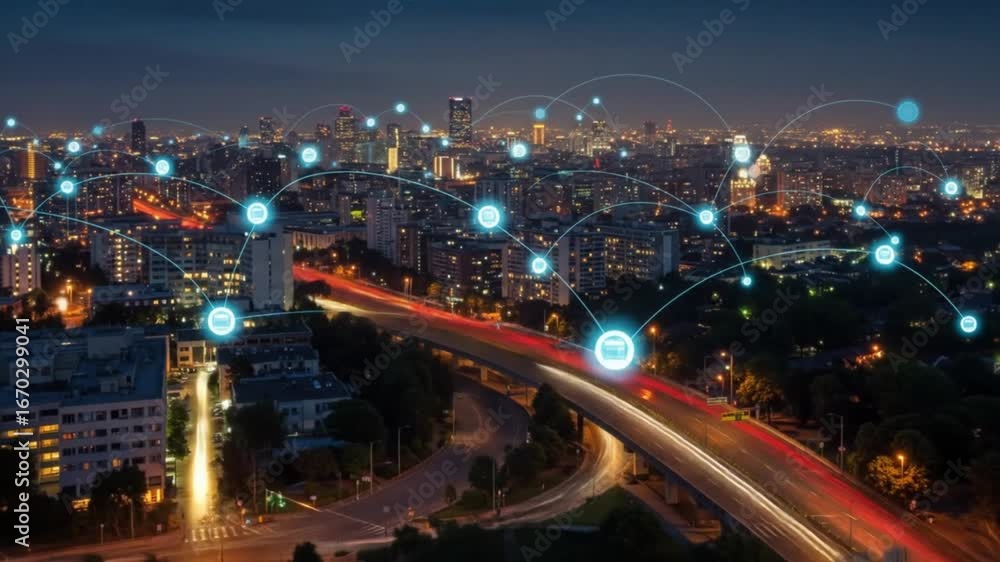 Poster dynamic city lights connect with glowing digital network nodes illustrating smart technology and con