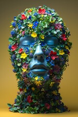 Surreal portrait of a woman surrounded by floating flowers and leaves against an orange backdrop