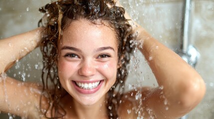 Obraz premium A vibrant image of a joyful young woman smiling with wet hair while in the shower, capturing the essence of freshness, rejuvenation, and a carefree moment of self-care.