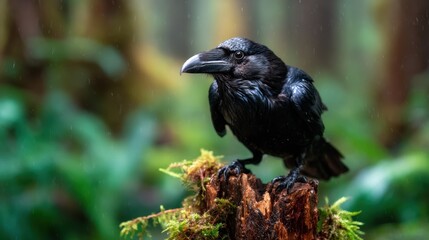 A striking raven perched on an aged tree stump, displaying glossy feathers, set against a vibrant backdrop of rain-soaked greenery in a natural environment.