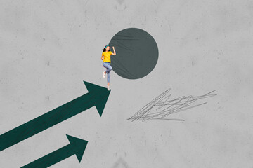 Collage with person observing rising arrow symbolizing startup growth business income statistics...