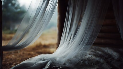 Mosquito net draped over bed in rural home creating a serene and protective atmosphere