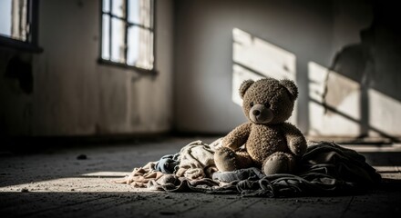 A forgotten teddy bear sits alone in a dark, decaying room, symbolizing lost childhood, poverty, and the need for humanitarian aid.