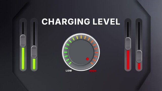 Animation of Charging level on a circular gauge moving from low to high and back. Can be used to show increase or decrease. Perfect for battery, devices, and energy visuals.