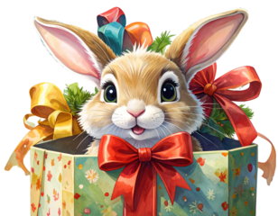 Holiday Bunny Popping Out of Gift Box with Ribbon, Cartoon Style, isolated transparent background png