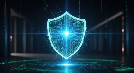 Digital shield protects data, representing cybersecurity and network defense.