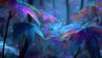 Temukan bioluminesensi floa hutan yang memukau, mengngkapkan pola daun rumit dlam warna biru, ungu, dan ijau cerah, tontonan alam ang benar-benar ajaib.