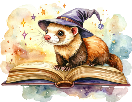  Watercolor Wizard Ferret Sitting on Floating Book, Soft Pastel Style, isolated transparent background png