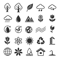 20 different unique clean vector icons, nature and environment theme, bold black outlines, flat solid colors,