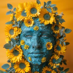 Surreal portrait of a woman surrounded by floating flowers and leaves against an orange backdrop