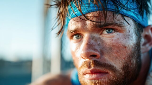 A focused and intense portrait of an athletic man, showcasing determination and grit, with sweat highlighting the effort put into his physical training.