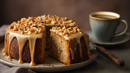 Coffee Walnut Cake with Caramel Glaze and Espresso Cup
