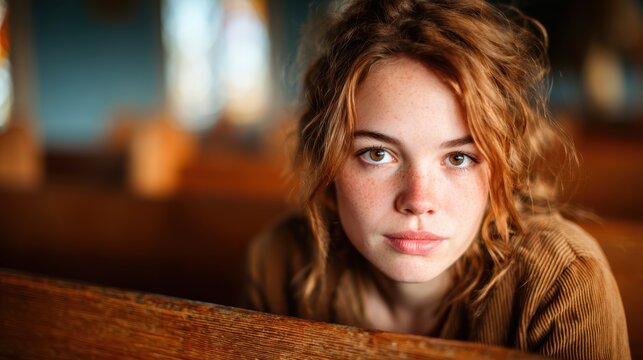 A young woman with freckles gazes thoughtfully toward the viewer in a rustic interior, capturing the essence of natural beauty, calmness, and introspective emotion. - Powered by Adobe